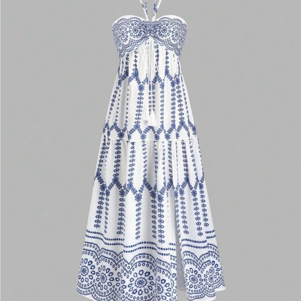 SHEIN Blue and White Strapless Dress